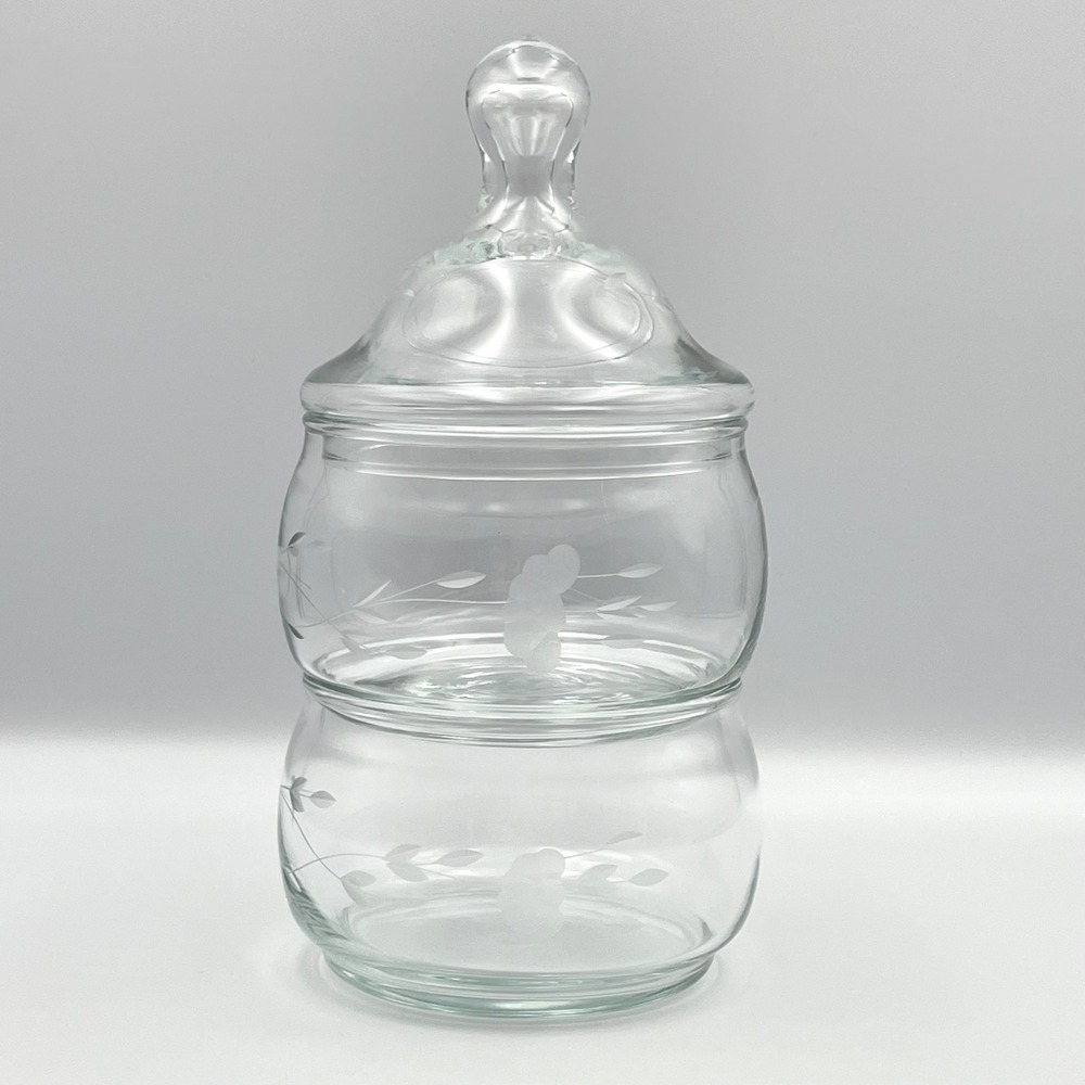 Vintage 1980s Princess House Heritage 2 Tier Candy Jar Etched Glass Lid Floral